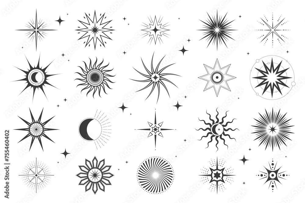 Obraz premium Set of star icons. Vector sun and moon sign or sky element. Cartoon flash or spark, starburst and radial firework geometric collection. Decorative light or twinkle glare. Magic explosion effect