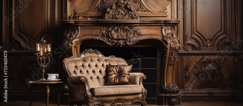 A vintage brown beige armchair with a pillow is positioned next to a table in front of a fireplace in a retro-style living room. The empty baroque room boasts a beautiful couch and an extravagant © TheWaterMeloonProjec
