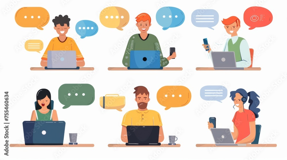 A set of flat modern illustrations depicting men sitting around a table with computers and speech bubbles above them, and a woman holding a smartphone. A set of flat modern illustrations depicting men sitting around a table with computers and speech bubbles above them, and a woman holding a smartphone.