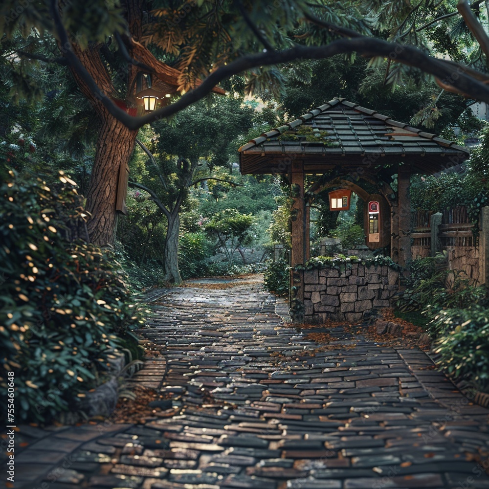Fototapeta premium Cobblestone path leading to a digital kiosk