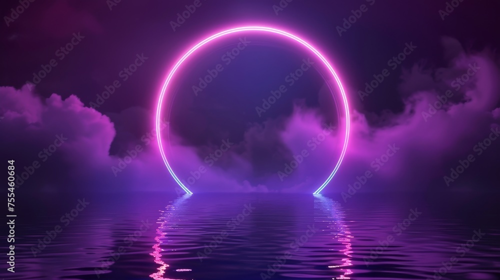 Modern illustration of purple ring shining in clouds and mist, reflection glowing on rippled surface. Nightclub party, music show design backdrop.