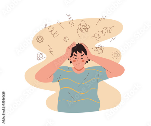 Man suffers from headache caused by overabundance of information, clutching head in attempt to drown out pain. Student guy, tired from studying at university, feels pain in neck and needs rest