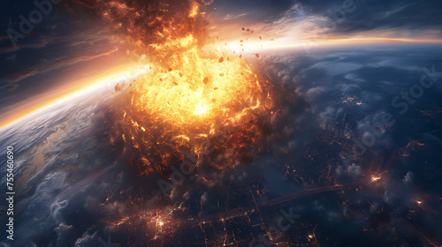 Nuclear explosion over a busy city, armageddon, apocalypse, catastrophe, meteor impact over urban big city skyline