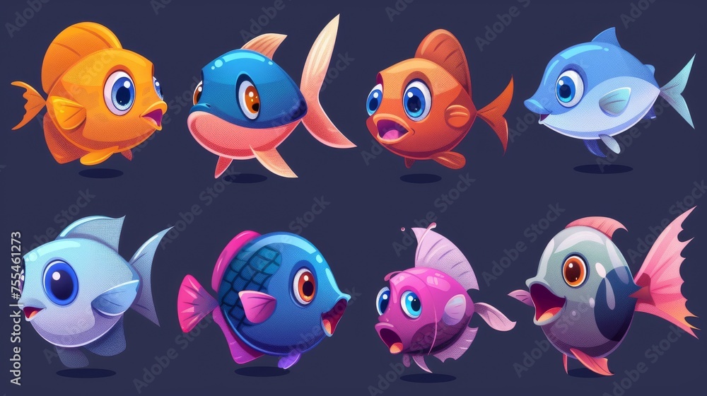 Cartoon fish with fin and smiling lips. Modern illustration set of funny sea or ocean animal characters. Underwater set of aquarium animals. Aquatic habitat. Cartoon fish with fin and smiling lips. Modern illustration set of funny sea or ocean animal characters. Underwater set of aquarium animals. Aquatic habitat.