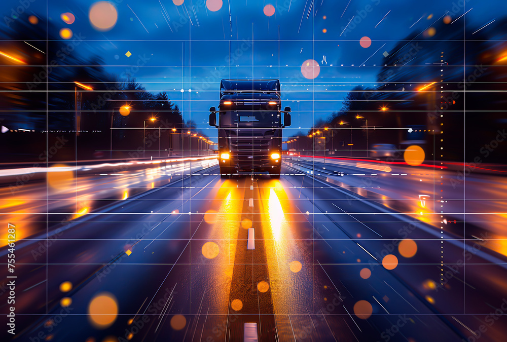 Truck on highway at night with vibrant bokeh lights and futuristic ...