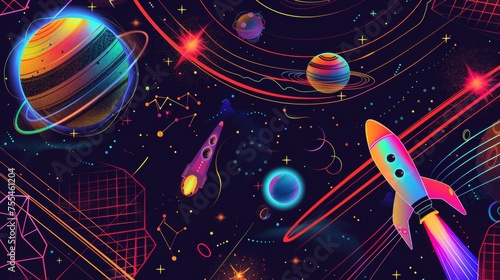 With bright neon colors background and 3D mesh grid elements of outer cosmos rockets, spaceships, satellites and satellites, this poster template is in trendy y2k style.