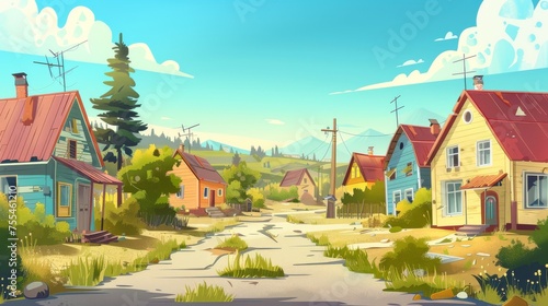 Shabby suburban houses with broken windows, boarded doors, cracked roofs, poor town, fir trees on green hills, blue skies in abandoned village street.