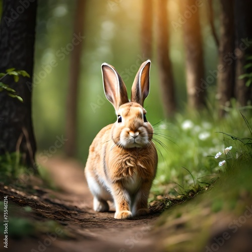 Rabbit runs along a path in the forest. Cute little rabbit in the forest. Easter bunny in the forest. Rabbit walk along a path in the forest. © Muhammad