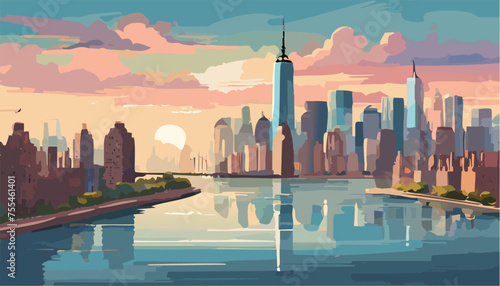 New York city skyline panorama at sunset