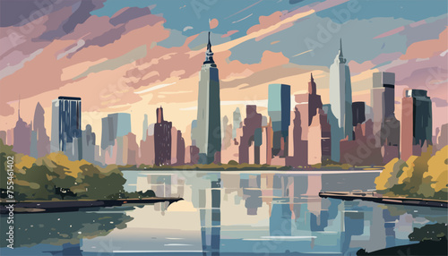 New York city skyline panorama at sunset