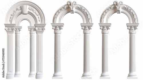 Roman arch made out of white clay with decorative ornate decoration. Realistic 3D modern illustration set of greek stone pillar of temple building door or window decor. Each archway is decorated with photo