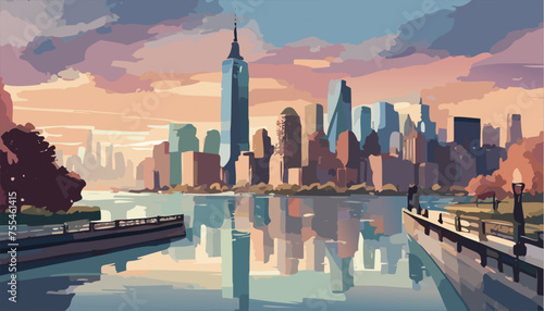 New York city skyline panorama at sunset