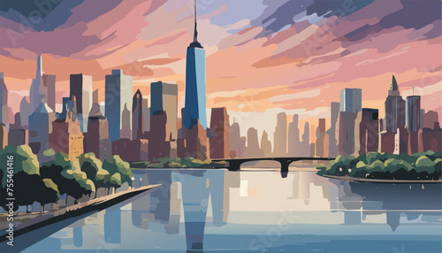 New York city skyline panorama at sunset