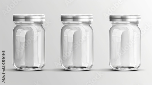 This is an empty glass container with a metal lid. It has a realistic modern illustration of a transparent clear container with a silver cap for food storage and canning. Blank mockup for a kitchen
