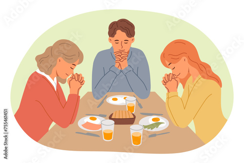Lunchtime prayer from catholic family thanking god for presence of food on table and opportunity to eat deliciously. Christian lunchtime prayer read by two spouses and teenage daughter