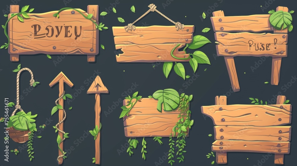 Signboards with creeping vines and green leaves. Modern game assets featuring wooden signs, arrows and tropical trees. Signboards with creeping vines and green leaves. Modern game assets featuring wooden signs, arrows and tropical trees.