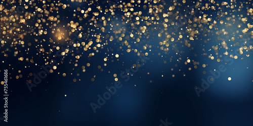 Background of golden particles on blue background.
