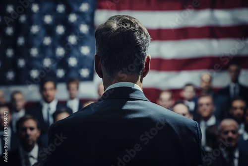 Back view of male presidential candidate on at the meeting with people. USA election concept