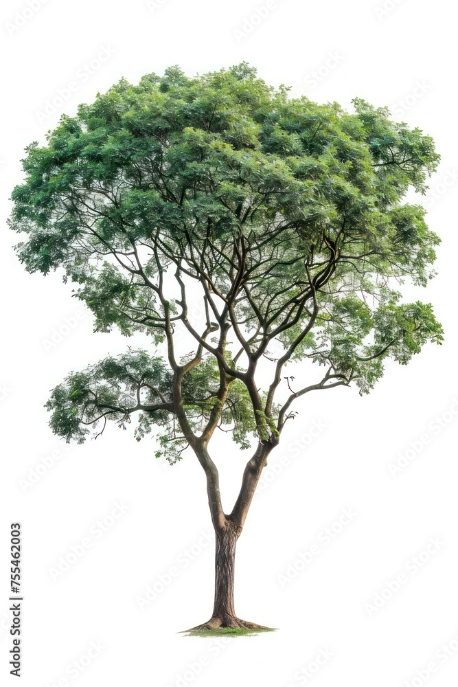 A large tree with green leaves stands alone on a white background. A large tree with green leaves stands alone on a white background.