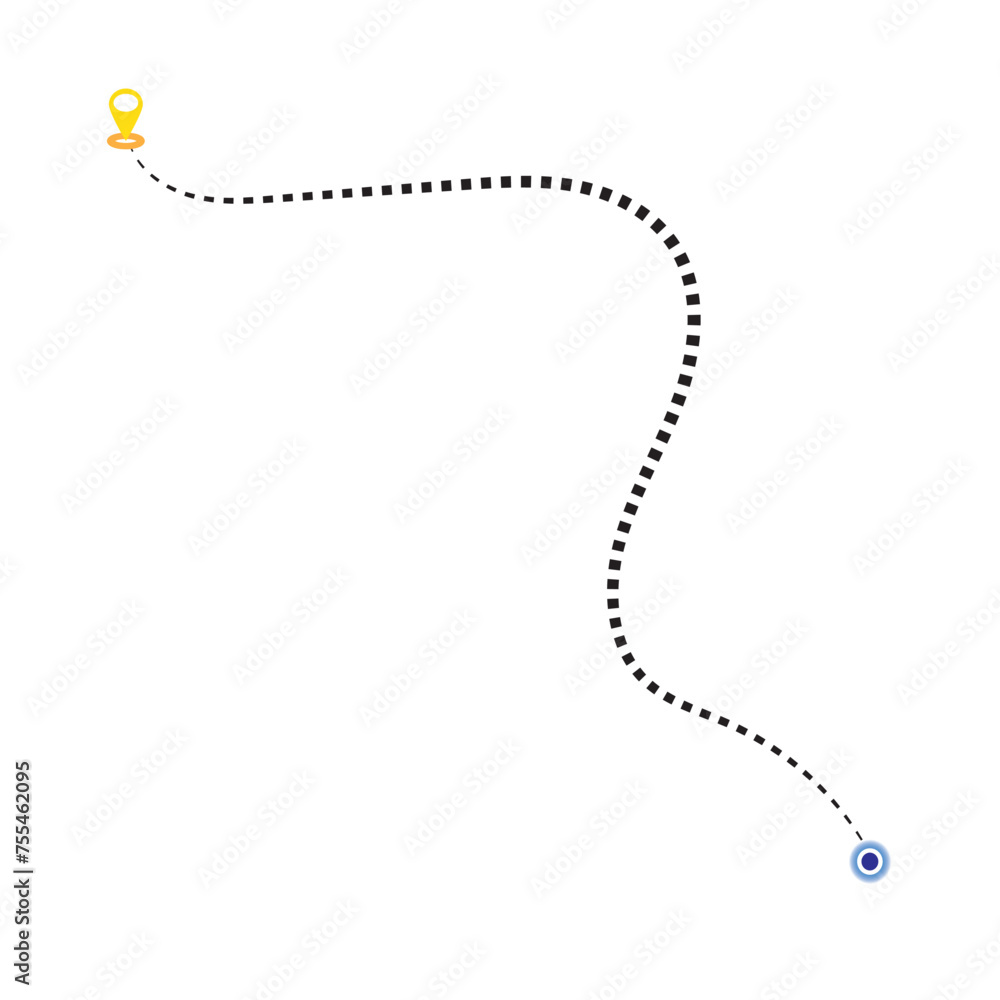 Route location icon, two pin sign and dotted line road, start and end ...