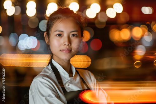 Portrait of a waitress, blurred lights of restaurant bar in the background. Long exposure, bokeh. Created with Generative AI technology.