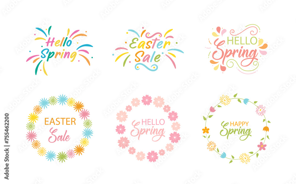  Hand Lettering Set with Flowers and Wreaths. Bright Cute Lettering Hello Spring. Happy Easter. Collection of Spring Templates, Stickers, Posters, Banners, Flyers, Greeting Cards and Invitations.