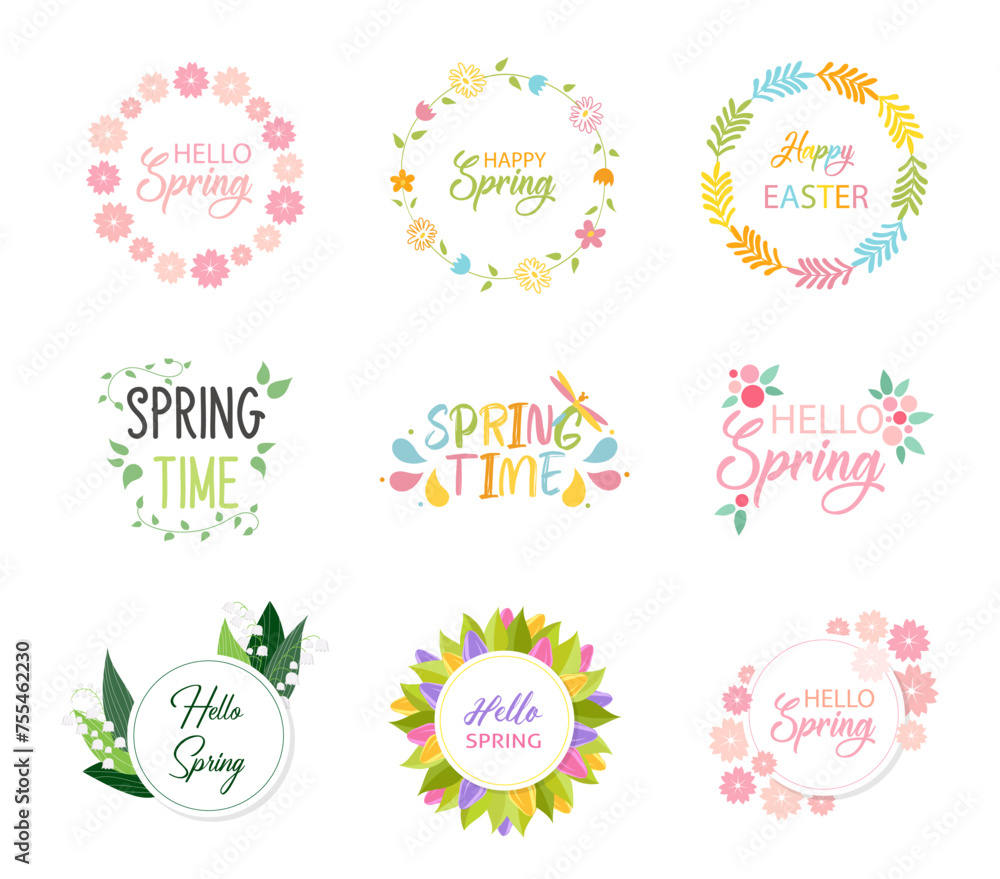 Spring Hand Lettering Set Hello Spring with Flowers. Collection of Spring Posters, Stickers, Banners, Labels, Sale Advertisements. Bright flowers, Wreaths, Patterns. Hand lettering Spring Hand Lettering Set Hello Spring with Flowers. Collection of Spring Posters, Stickers, Banners, Labels, Sale Advertisements. Bright flowers, Wreaths, Patterns. Hand lettering