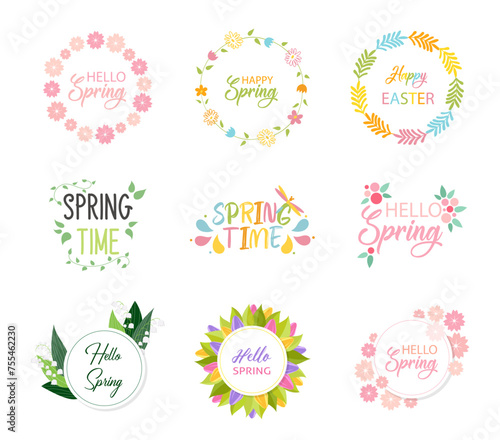 Spring Hand Lettering Set Hello Spring with Flowers. Collection of Spring Posters, Stickers, Banners, Labels, Sale Advertisements. Bright flowers, Wreaths, Patterns. Hand lettering © Alena Abramova