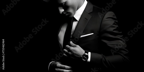 Dressed in a tailored suit and tie, the man exudes professionalism and confidence, his wrist adorned with a sophisticated watch