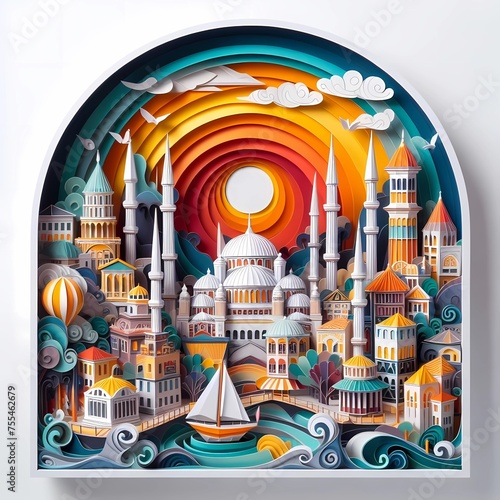 Abstract art paper art origami diorama of Istanbul, colorful modern art ukiyo style.
