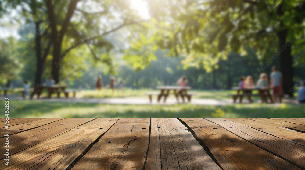 Wooden Table in a Park with Children Playing on the Background