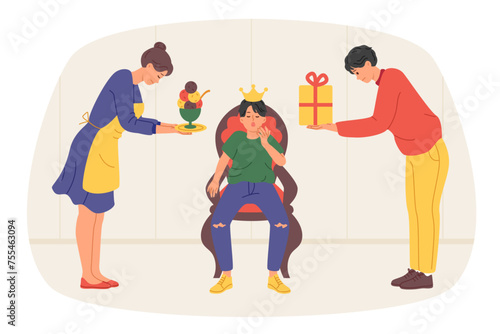 Problems in raising spoiled boy, parents trying to please beloved son with gifts and sweets. Yawning teenager with bad upbringing and crown on head, not paying attention to parents