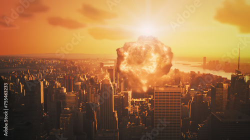 Nuclear explosion over a busy city, armageddon, apocalypse, catastrophe, meteor impact over urban big city skyline