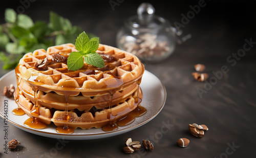 Round waffles on plate with syrup and nuts on dark rustic table background