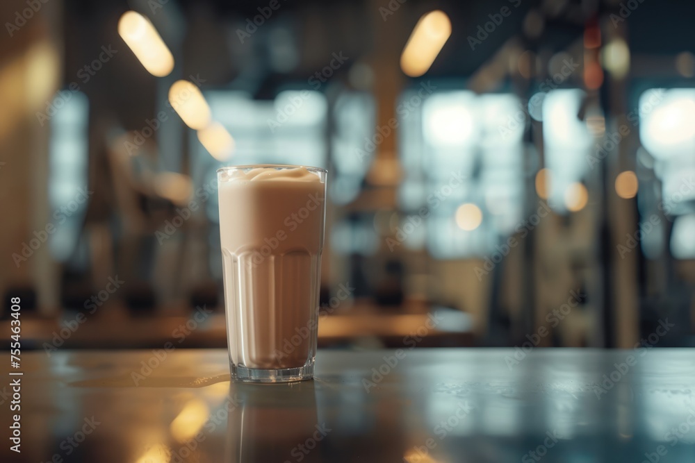 Generative AI, Protein cocktail in the glass on the blurred gym background, sport nutrition Generative AI, Protein cocktail in the glass on the blurred gym background, sport nutrition