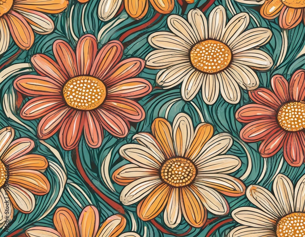 1970 Daisy Flowers, Trippy Grid, Wavy Swirl Seamless Pattern Pack in Orange, Pink Colors.