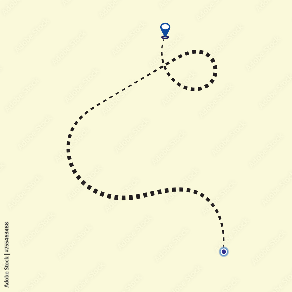 Route location icon, two pin sign and dotted line road, start and end ...