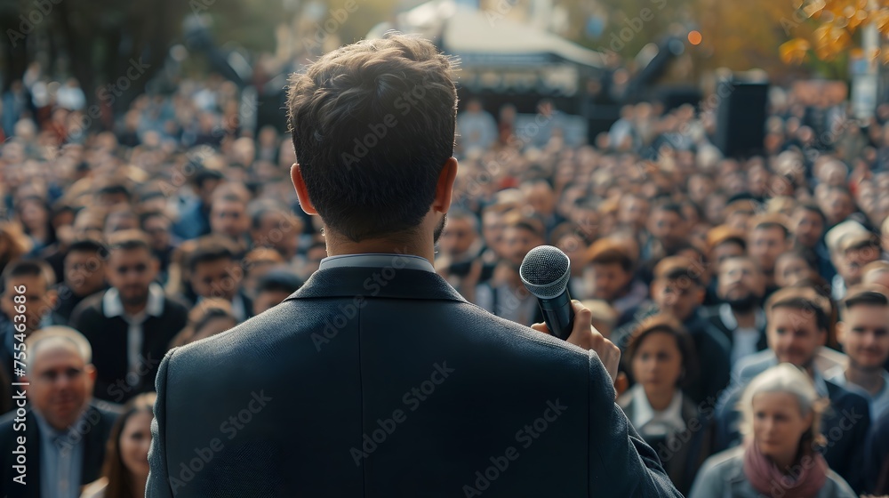 politician or a businessman talking in front of a crowd politician or a businessman talking in front of a crowd