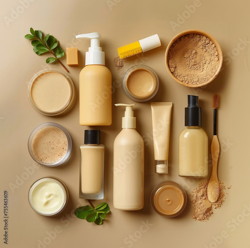 Beige natural cosmetic and beauty products flat lay. Top view