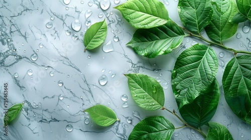 Spa Product Green leaves in water on a light marble background. Summer concept  flat lay  top view. background for the display of natural cosmetics. Nature background for luxury product placement