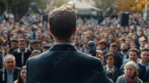 politician or a businessman talking in front of a crowd