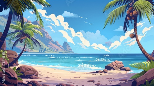 An empty shore scene of a summer tropical lagoon with calm sea or ocean water  a beach with sand  stone trees  coconut palm trees  rocky mountains and blue sky. Cartoon modern empty shore scenery.