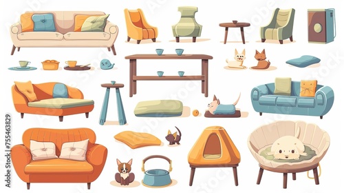 Cafe furniture and equipment that is pet friendly. Cartoon set of cafeteria chairs, tables and sofas with pillows, feeding bowls, beds, and toys for pets. Public place to eat and rest with domestic
