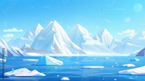 Illustration of blue polar landscape with glaciers, snow mountains, and ice blocks floating in water. Cold northern horizon with floating icebergs.