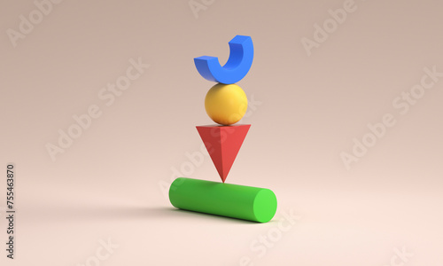 Geometric volumes in impossible balance stack one on each other over colored background photo