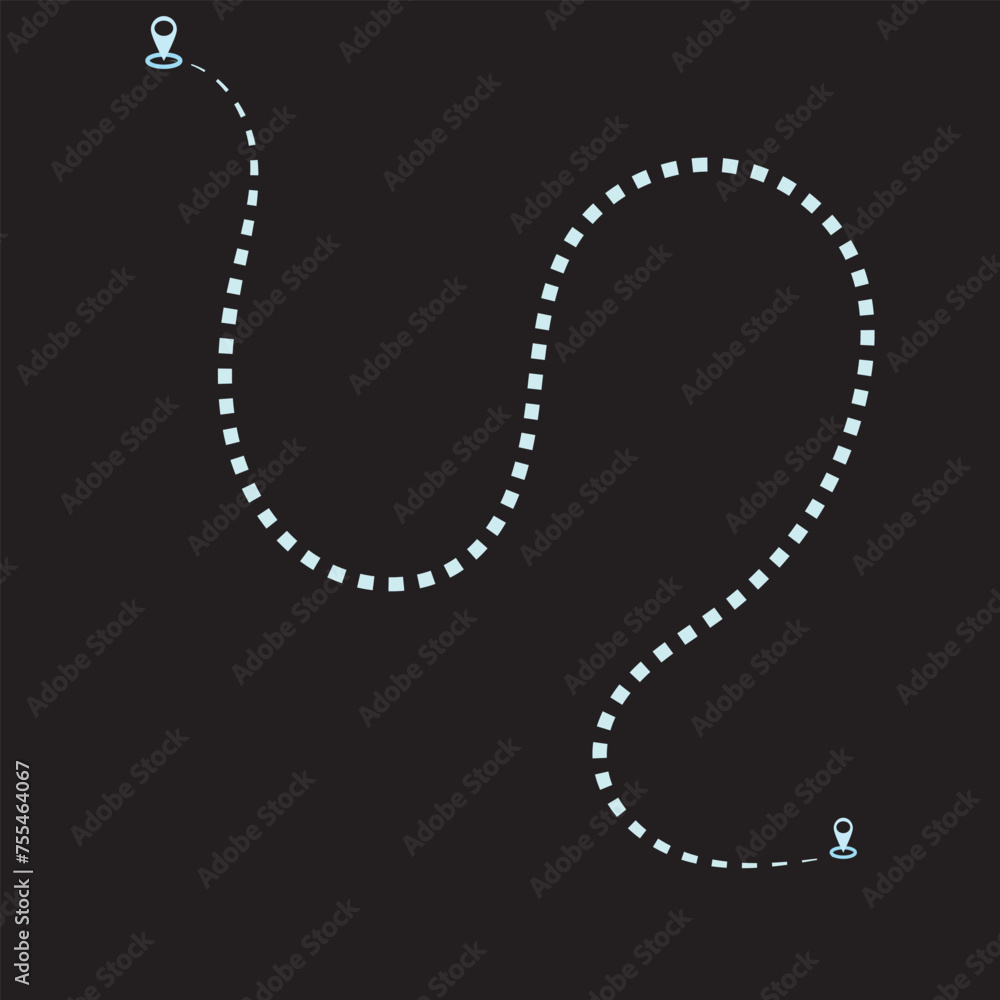 Route location icon, two pin sign and dotted line road, start and end ...