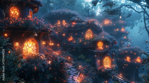 Fairy tale village with magical creatures and glowing plants