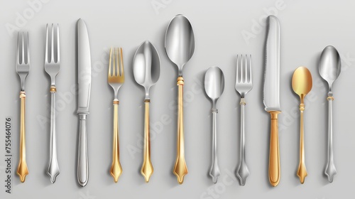 3d realistic cutlery big kit. Modern illustration set of silver and golden spoons, knives, and forks. Top view of kitchenware or restaurant tableware. photo