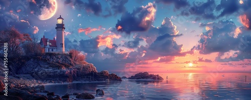 Dreamy Moon over a charming coastal lighthouse