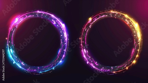 Retro futuristic holographic ring design borders with TV color bugs and digital distortions. Neon circle frame with glitch effect.